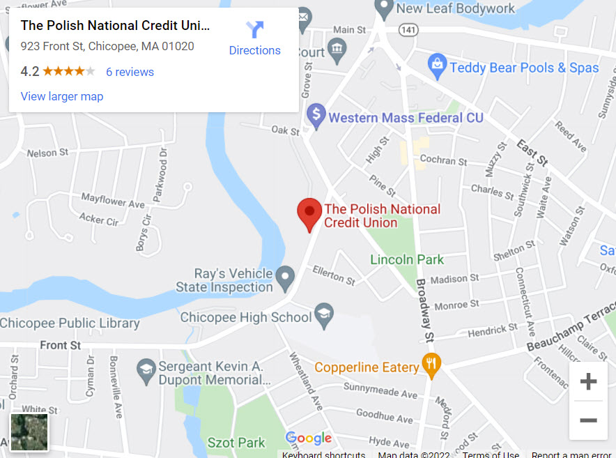 Map to PNCU Front Street Office, 923 Front St., Chicopee, MA 01013

